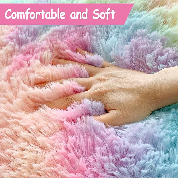 Cute Unicorn Rug for Girls Bedroom, 6x9 Plush Fluffy Princess Rainbow Area Rug for Girls Room Soft Big Shag Carpet for Living Room Baby Toddler Kids Room Colorful Kawaii Room Decor