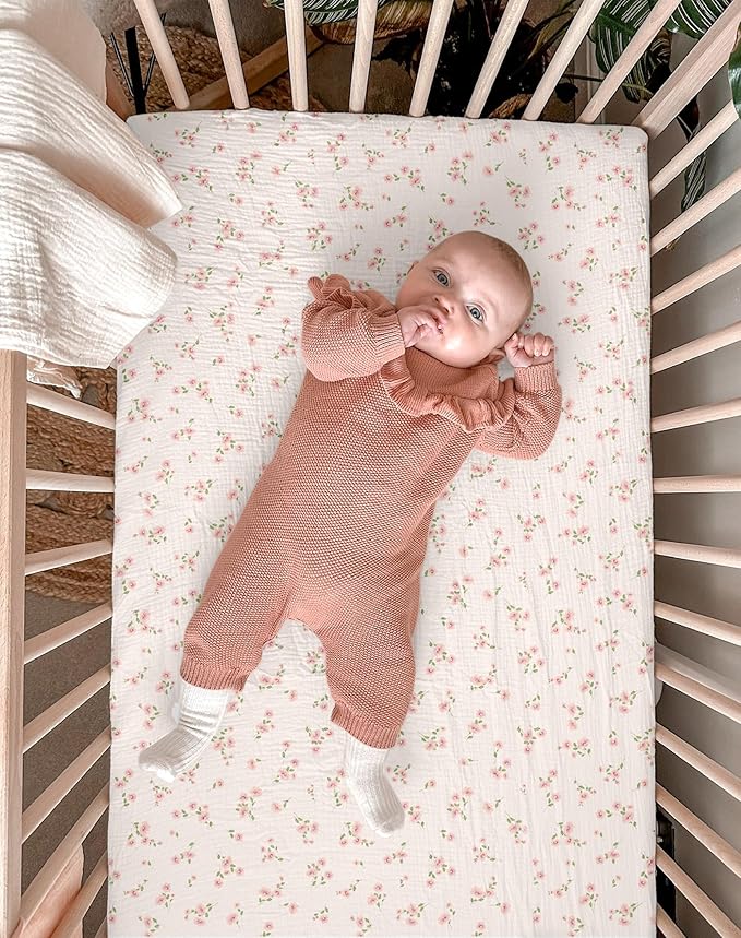 Crib Sheets for Baby Boy Girl 2 Pack, Fitted Crib Mattress Sheet 28" x 52", Muslin Toddler Bedding with Neutral Style, Nursery Bedding Essentials (Rosy)