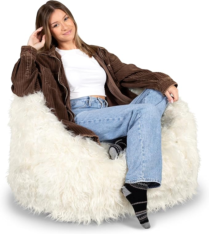 Big Joe Milano Bean Bag Chair, Ivory Shag Fur, Soft Faux Fur, 2.5 feet