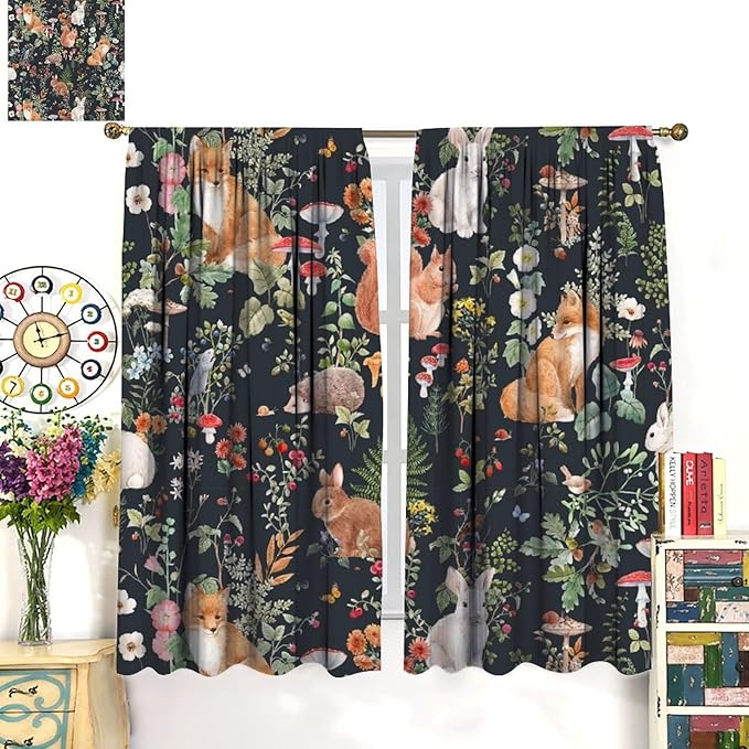 Animal Curtains, Watercolor Forest Animals Plants Pattern Blackout Window Treatments, Rod Pocket Thermal Insulated Drapes 2 Panel Sets for Bedroom Living Room, 84" W X 84" L