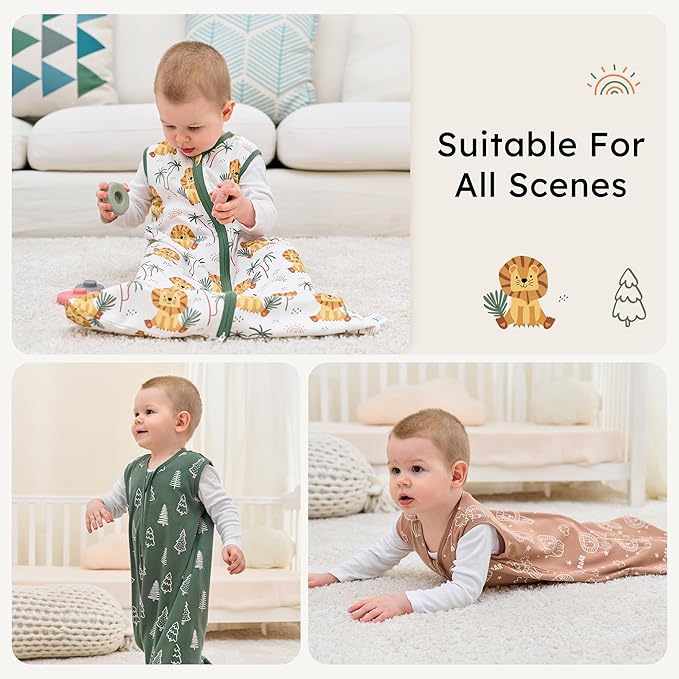 Baby Sleep Sack 0-6 months, 100% Cotton Sleeping Sack for Newborn and Infant, 3 Pack Baby Wearable Blanket, 0.5 Tog Lightweight Double Zipper Sleep Bag Small Brown Green Lion