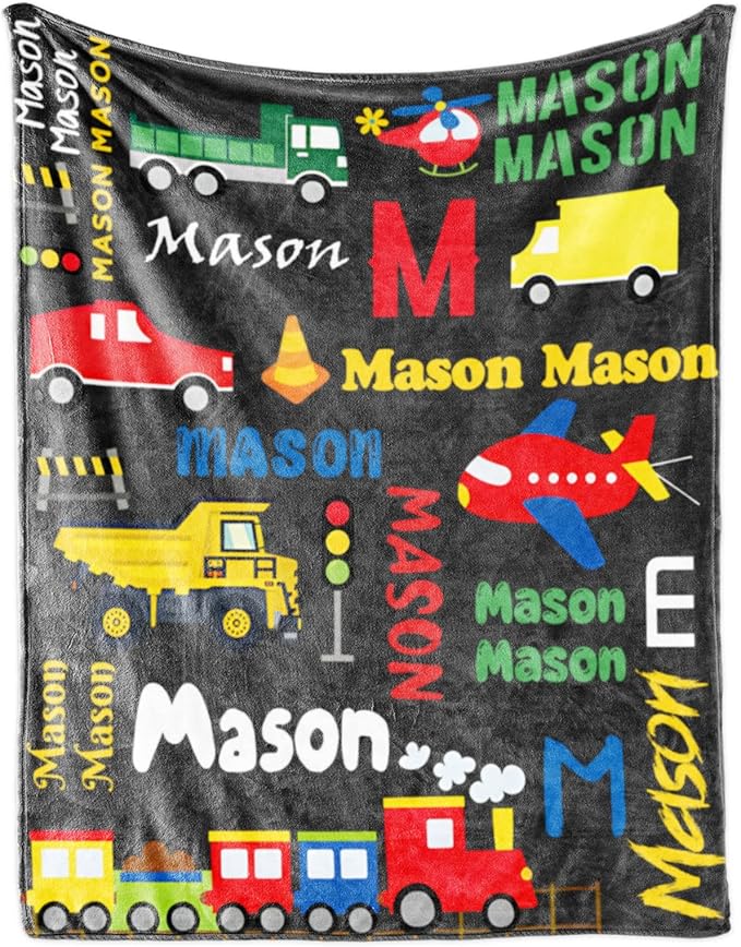 Personalized Blanket with Name for Boys, Custom Name Blanket City Car Transport, Soft Flannel Teen Blankets Customized Gift for Birthday Christmas-50x60in