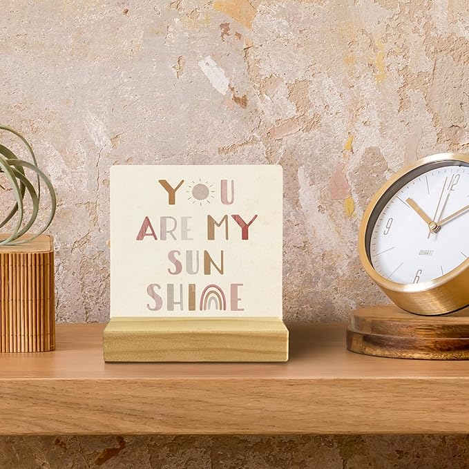 QASHWEY Nursery Shelf Decor, Boho Desk Shelf Decor, Motivational Boho Sun Rainbow You Are My Sunshine Wooden Plaque with Wooden Stand for Home Nursery