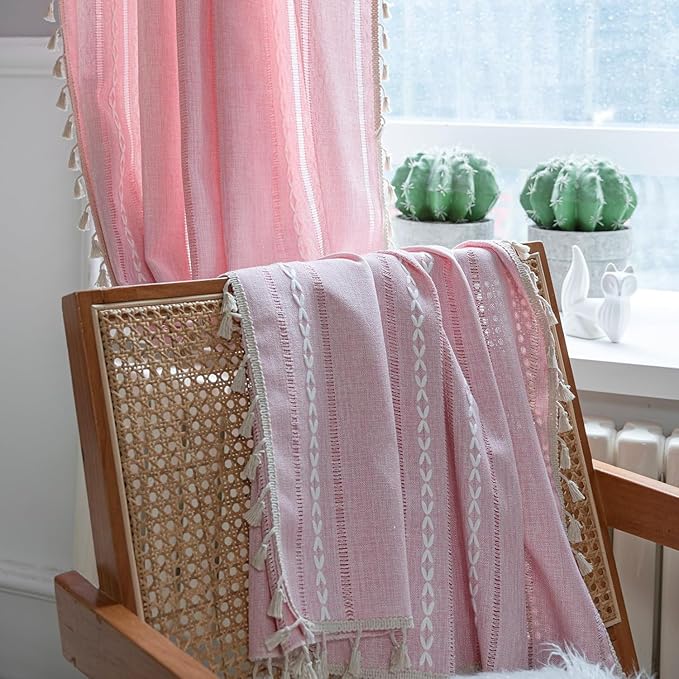 Deeprove Pink Boho Linen Curtains 72 inches Length for Blush Baby Girl Bedroom Living Room Dining Nursery, Hollow Semi Sheer Curtains Darkening Embroidery Drape Window Treatment, 1 Panel W52 x L72