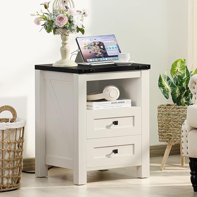 Farmhouse Living Room Sets, Night Stands Set of 2 and 6 Drawers Dresser for Bedroom, 54 Inch Wide Wood Dresser and 18.1" Night Stands with Charging Station for Bedroom, Living Room, Hallway