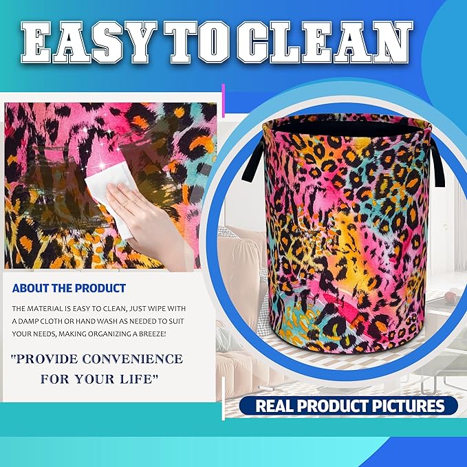 Colorful Leopard Print Laundry Basket Cheetah Oxford Cloth Laundry Hamper With Handle Foldable Portable Clothes Storage Basket 18.9 X 16.5 In Storage Bag For Laundry Room/Bathroom/Bedroom/Dormitories