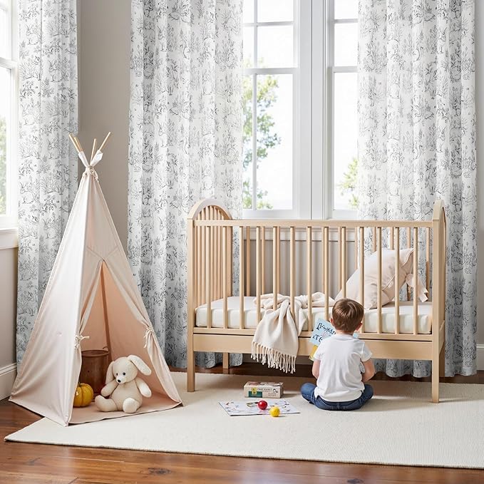 jinchan Linen Nursery Curtains 90 inch Long Woodland Wildlife Grey Print Drapes for Kid's Room Light Filtering French Country Farmhouse Gray Curtains with Bunny and Forest Design Set of 2 Panels