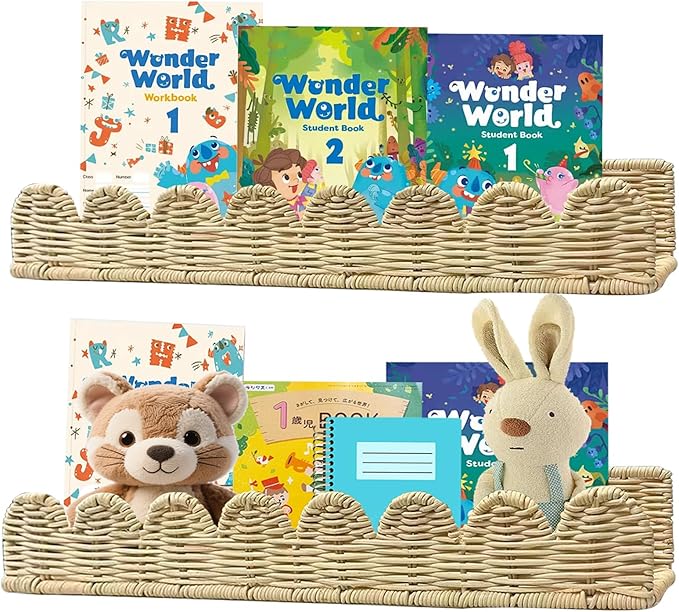 Nursery Book Shelves, 2Pcs Artisanal Natural Rattan Scalloped Book Shelf for Kids Rooms, Rattan Wall Shelves for Books, Toys, Photo Frames, Nursery, 15.8 x 4 Inch