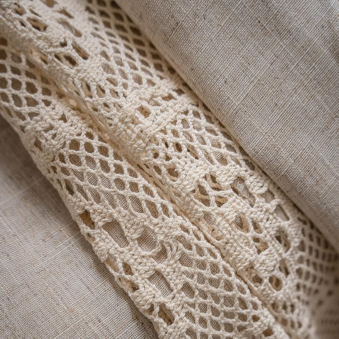 ENJOYBRIDAL Beige Curtains Crochet Lace Patchwork Drapes Curtains 84 Inch Length 2 Panels Tassel Rod Pocket Semi-Sheer Boho Bedroom Living Room Farmhouse Rustic Window Curtain Panels