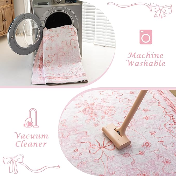 Pink Rug for Nursery Girl Bedroom 5x8 - Cute Bow Coquette Room Decor for Teen Girls Aesthetic,Washable Light Pink and White Cottage Core Floral Scalloped Rug for Dorm Room College Students Playroom