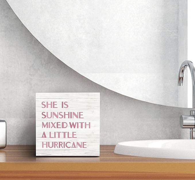 SRADMO She is Sunshine Mixed with a Little Hurricane Boho White Wood Box Sign Desk Decor, Baby Girls Inspirational Wooden Box Decor for Girls Room Nursery Playroom Shelf Table Decorative Accessories