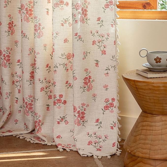 ENJOYBRIDAL Pink Floral 96 Inch Curtains 2 Panel Set Boho Tassel Drapes Farmhouse Rod Pocket Semi Sheer Long Window Curtains Bedroom Living Room Rustic Dining Room Aesthetic Decor Window Treatments