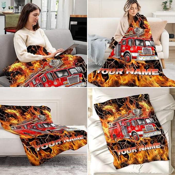 Kids Blanket Gifts Personalized Fire Truck Blankets for Boys, Toddler - Soft Lightweight Flannel Firefighter Throws for Couch, Office & Bedroom