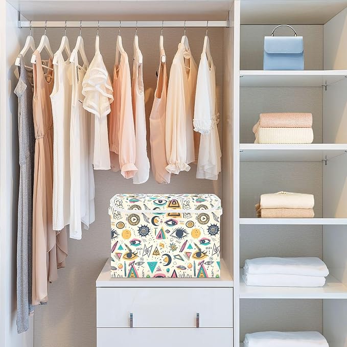 senya Large Storage Bins with Linen Collapsible Foldable Storage Cubes Fabric Closet Organizer Containers box with Flip-Top Lid for Home Bedroom Office 16.7 x 12.6 x 11.8in (Triangle Eye)