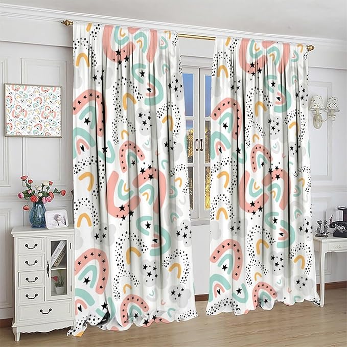 Boho Rainbow Curtains for Kids Nursery Colorful Floral Sun Star Clouds Pastel Bohemian Pattern Print Window Drapes for Girl Bedroom Living Room Kitchen Decor,2 Panel Set,42Wx45H Inch Blackout