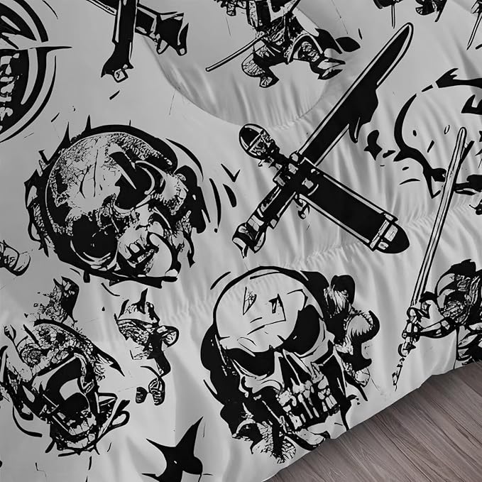 Grey Boys Comforter Set Twin: Nautical Pirates Skull Bedding Set for Boys Kids Men Teen Bed Bedroom Dorm Gaming Samurai Ninjas Quilt 1 Comforter + 1 Pillow Case