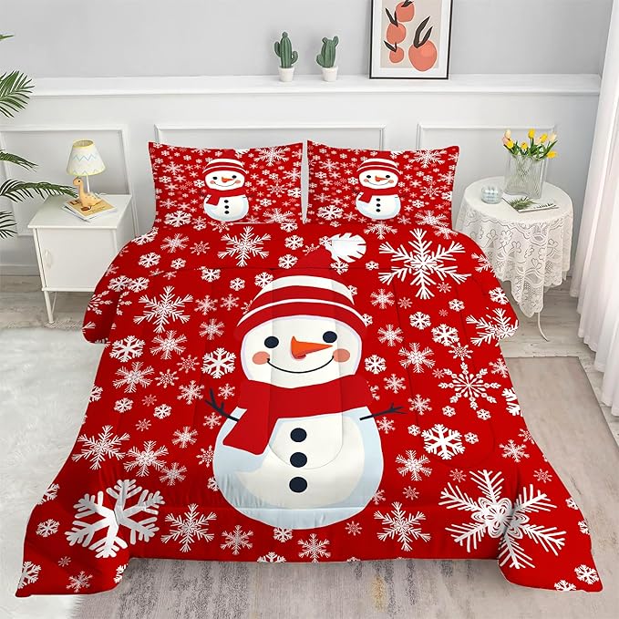 Comforter Set Christmas Snowman: Full Size Xmas Snowflakes Red Bedding Sets for Kids Teens Girls Boys Christmas Decor Winter Snow 3 Piece Quilt Bed Set 1 Comforter & 2 Pillowcases