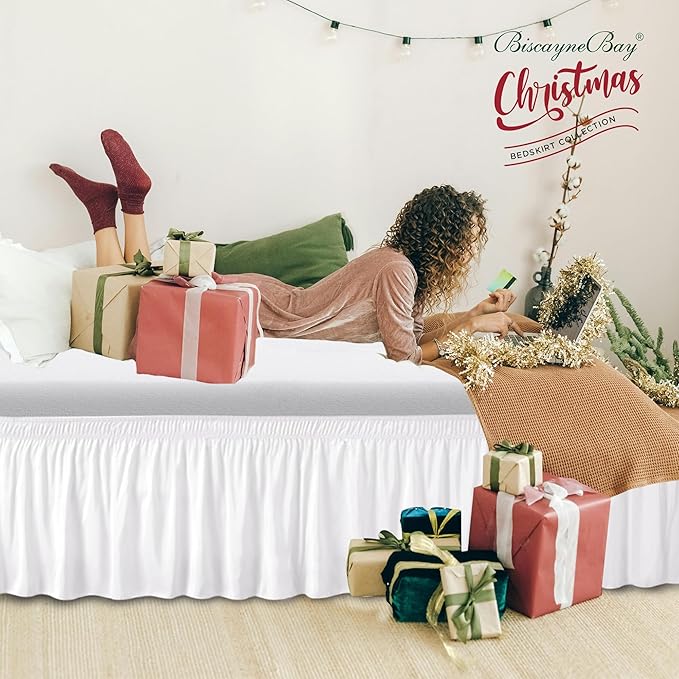 Biscaynebay Wrap Around Bed Skirts for Queen Size Beds Extra Short Drop of 9", White Elastic Dust Ruffles Easy Fit Wrinkle & Fade Resistant Silky Luxurious Fabric Solid Machine Washable