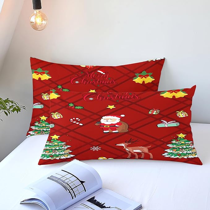 Christmas Duvet Cover Twin Size Red Gingham Christmas Bedding Set Kids Boys Girls Xmas Grid Checked Cartoon Deer Pattern Comforter Cover 2 Pcs with Zipper Closure (No Comforter)