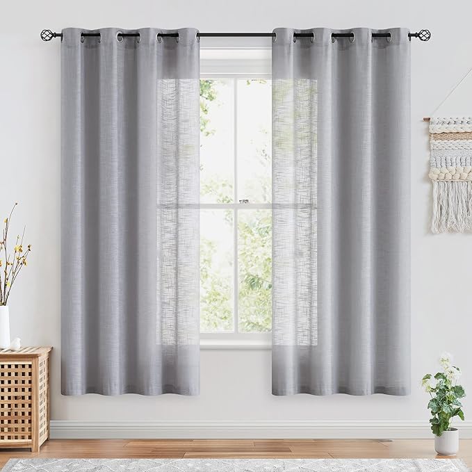 FMFUNCTEX Linen Semi Sheer Curtains for Bedroom, Grey Curtains 63 Inch Length for Living Room, Country Farmhouse Sheer Drapes, Light Filtering Window Curtain, Grommet Top 2 Panels