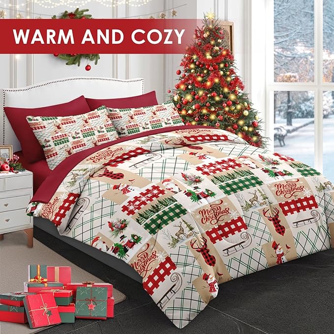 7 Pcs Queen Size Christmas Comforter Set with 2 Pillowcases & 2 Shams, Winter Xmas Plaid Bedding for Kids and Adults, Cute Snowman Reindeer Bed in a Bag with Flat Fitted Sheet