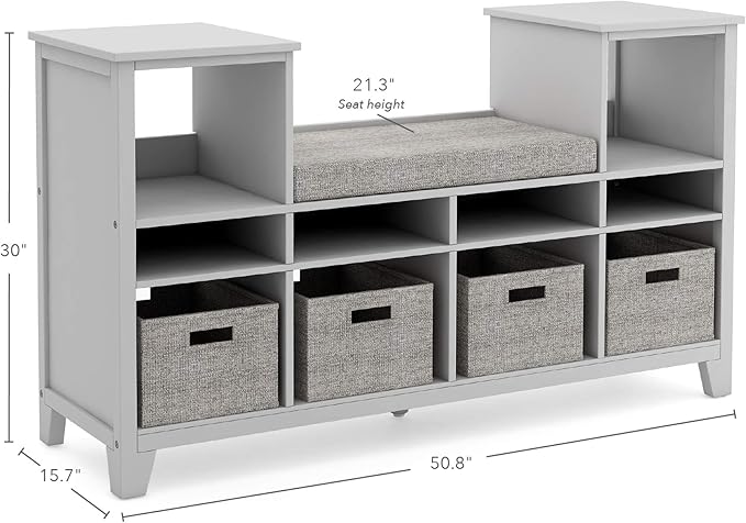 Martha Stewart Kids' Reading Nook - Gray: Wooden Storage Bench Bookcase Organizer with Seat Cushion, Book Shelves, and Fabric Bins for Bedroom or Playroom