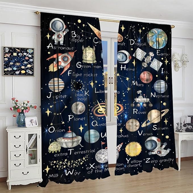 Cartoon Kids Alphabet Astronaut Curtain，Retro Cute Cosmic Galaxy Letter Printed Rod Pocket Blackout Window Treatments for Boys Girls Bedroom Living Room School 55" W X 63" L