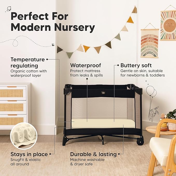 2-Pack Pack and Play Sheets, Waterproof Mini Crib Sheets Fitted - Organic Cotton Pack N Play Sheets for Graco Pack and Play Mattress, Playard Baby Crib Sheets, Neutral for Boy,Girl, Toddler (Latte)