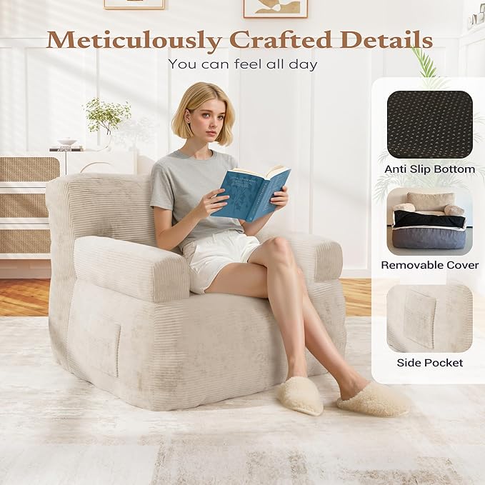 Giant Bean Bag Chair for Adults, Plush Big Bean Bag Lounger Chair with Shredded Foam Filling, Oversized Comfy Floor Sofa Couch with Side Pocket for Bedroom Living Room,Beige
