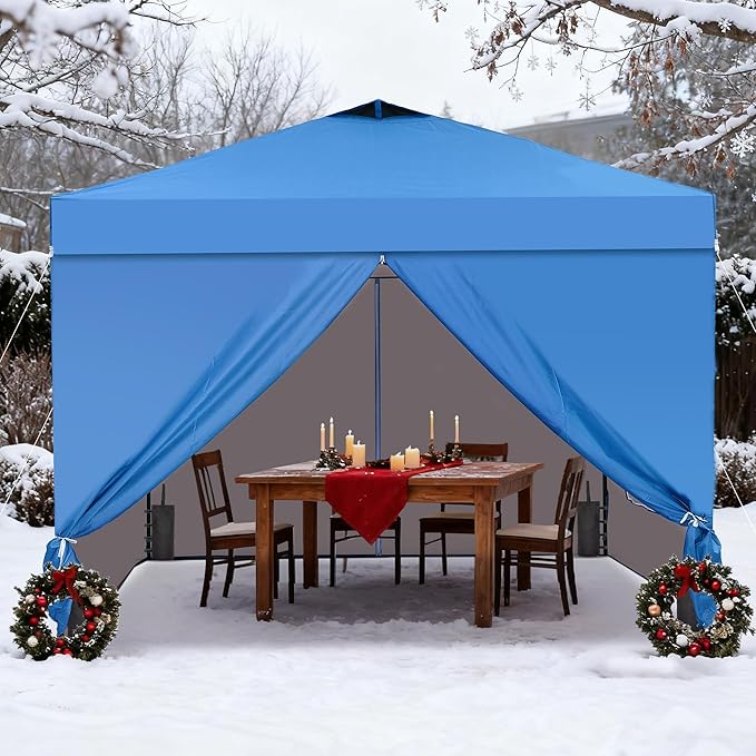 GDY 12x12 Pop Up Canopy Tent with 4 Sidewalls, Easy Set up with One Push Lift Outdoor Silver Coated Beach Gazebos, Carpas for Pool, Events, Parties, and Camping, Blue.