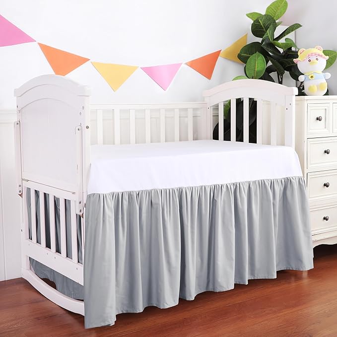 Crib Skirt Dust Ruffle, 100% Egyptian Cotton 400 Thread Count Soft Breathable Crib Bedding Skirt for Baby, Boys and Girls, Fading Resistant (Grey)
