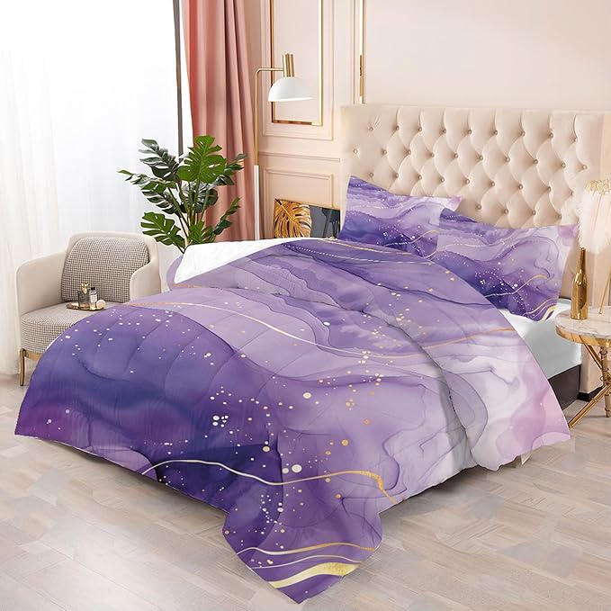 Purple Comforter Set King: Light Purple Marble Bedding Sets Abstract Artwork Gold Glitter Marbling Quilts Watercolor Aesthetic Bed Set for Women Adults Home Decor 3 Piece