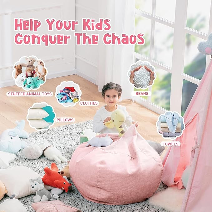 Nobildonna Bean Bag Chair Cover (No Filler) for Kids and Adults,Beanbag Stuffed Animal Storage Without Filling Plush Toys Holder and Organizer Soft Premium Corduroy 200L (Pink)