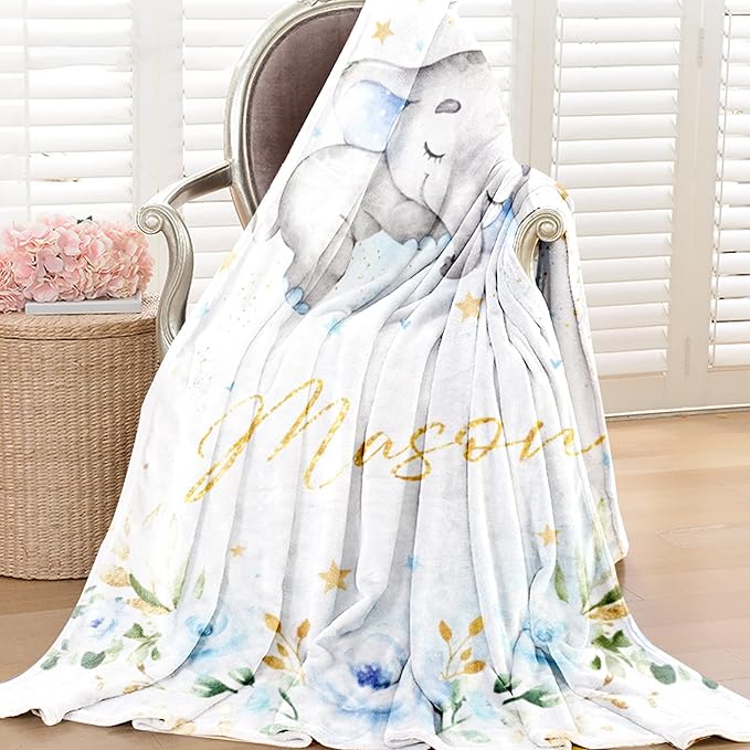 Elephant Baby Blanket Personalized Blanket with Name for Boy, Custom Name Blanket for Newborn Boy, Soft Flannel Toddler Blanket Customized Gift for Birthday Christmas Baby Shower 30" X 40"