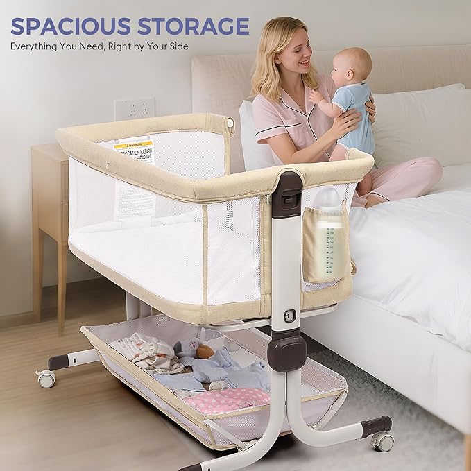Baby Bassinet Bedside Sleeper, Upgraded Stability Bedside Crib with Full Mesh Sides, Soft Sheet, 6-Height Adjustment, Storage Basket, Easy Folding Portable Bassinet for Newborns, Beige