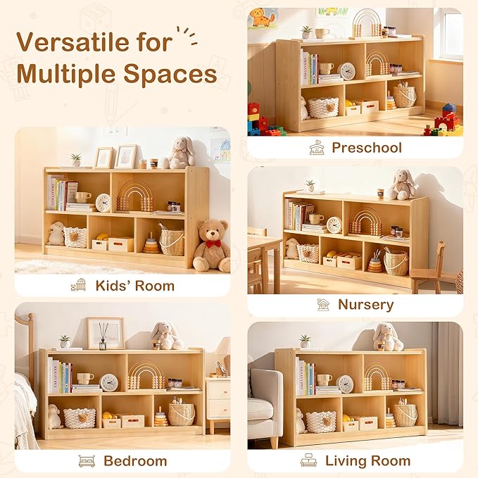 ROBUD Wooden Toy Storage Organizer, 5-Compartment Montessori Shelf with Anti-tip Kit, Wooden Storage Cabinet for Kids Room, Bedroom, Playroom, Nursery, Preschool, 44.9" x 23.6" x 11.8"