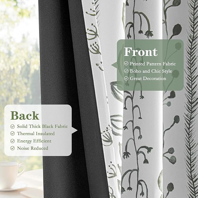 MEETSKY Sage Green Blackout Curtains 95 Inches Long 2 Panels Boho Curtains for Living Room Thermal Insulated Privacy Protection Rod Pocket Drapes for Bedroom, Leaf Print Window Treatment, 50" Wide