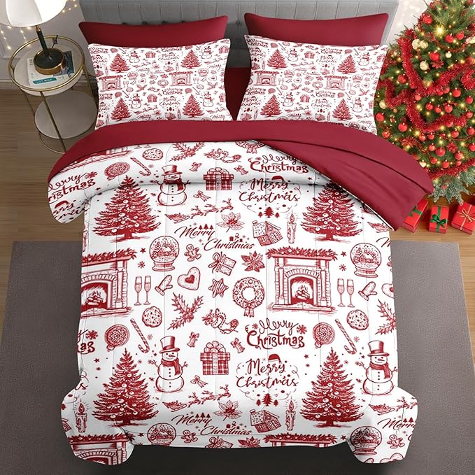 7 Pcs King Size Christmas Comforter Set with 2 Pillowcases & 2 Shams, Happy Xmas Red Pine Tree Bedding for Kids and Adults, Merry Winter Bed in a Bag with Flat Fitted Sheet