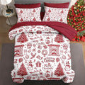 7 Pcs King Size Christmas Comforter Set with 2 Pillowcases & 2 Shams, Happy Xmas Red Pine Tree Bedding for Kids and Adults, Merry Winter Bed in a Bag with Flat Fitted Sheet