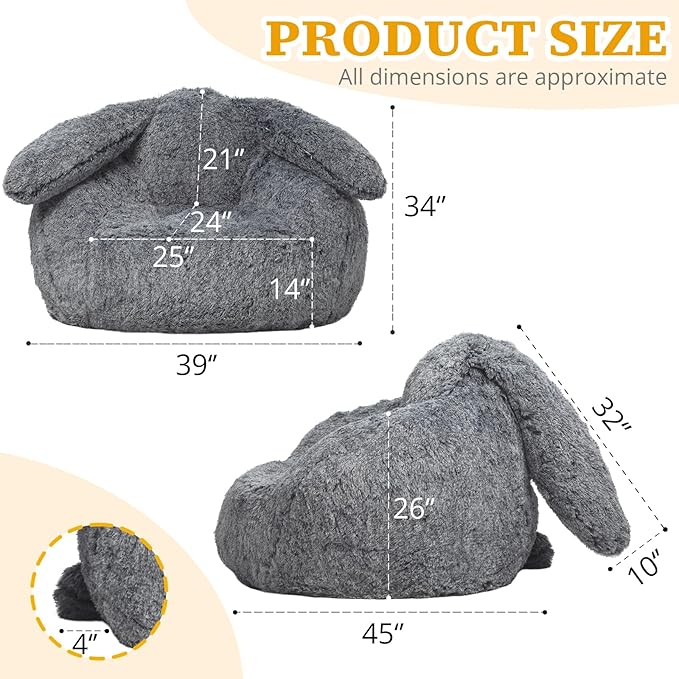 Bean Bag Chair for Adults Kids Giant Fluffy Plush Bean Bag Sofa with Filler Faux Fur Rabbit Shaped Beanbag Chairs Comfy Accent Floor Couch for Gaming, Reading in Bedroom, Living Room, Dorm