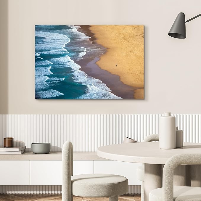 SIGNWIN Canvas Wall Art Serene Ocean Shoreline Aerial Beach View with Rolling Waves and Lone Surfer Photography Modern Art Rustic Landscape Relax/Calm for Living Room, Bedroom - 32"x48"