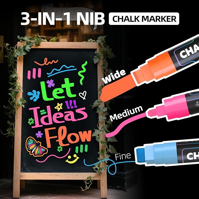 WUO Window Chalk Markers,8 Colors Car Markers,15mm 3-In-1 Jumbo Wide Nib, Dust-Free & Non-Toxic - Erasable Blackboards Marker For Rock Painting, Poster, Stone, Ceramic, Glass