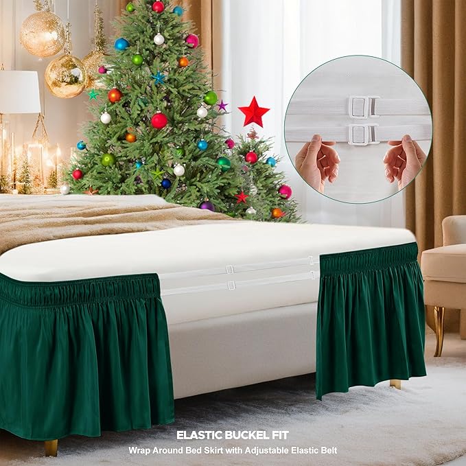 Biscaynebay Wrap Around Bed Skirts for Queen Beds 15" Drop, Christmas Hunter Green Adjustable Elastic Dust Ruffles Easy Fit Wrinkle & Fade Resistant Silky Luxurious Fabric Machine Washable