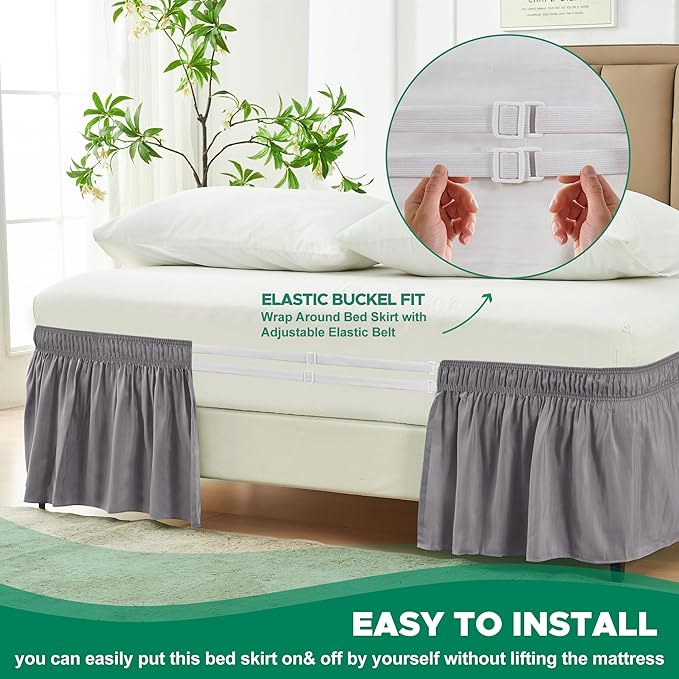 Biscaynebay Wrap Around Bed Skirts for King & Cal King Beds 17" Long Drop, Silver Grey Elastic Dust Ruffles Easy Fit Wrinkle & Fade Resistant Silky Luxurious Fabric Solid Machine Washable