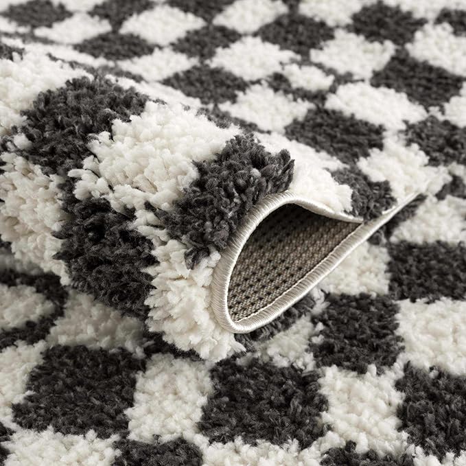 Hauteloom Kieu Contemporary Checkered Fluffy Shag Area Rug - Modern Geometric Soft Carpet Tiles for Living Room, Kids Room, Nursery - Black, White - 5'3" x 7'
