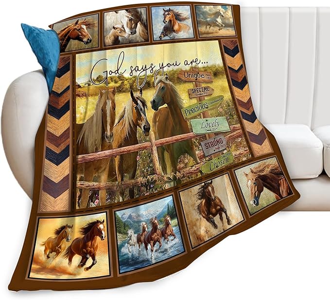Horse Blanket Motivational God Say You are Throw Blankets Gifts for Girls Boys Cozy Warm Soft Fuzzy Flannel Throws Plush Stuffed Animal Western Horses Fleece Gifts for Men Women for Sofa Bed 50"x40"