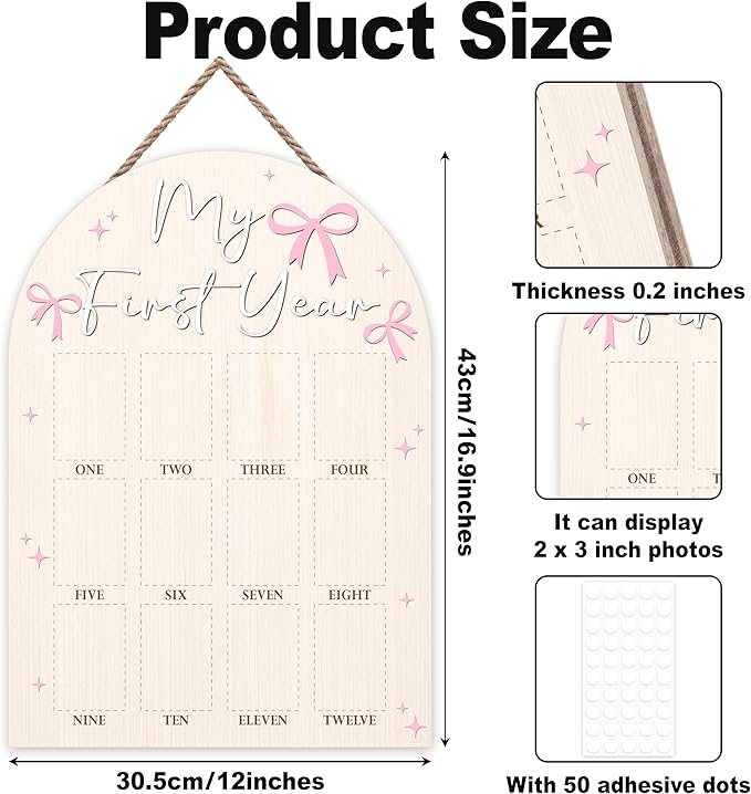 My First Year Photo Board, Pink Bow Baby's First Year Photo Frame 12 Monthly Milestone Picture Frame, Gift for Newborn Baby 1st Birthday Memories Nursery Decoration -07
