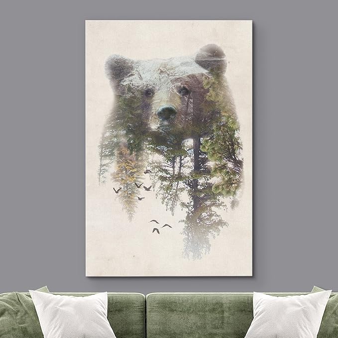 SIGNWIN Canvas Wall Art Bear and Spring Forest Double Exposure Photography Animals Wildlife Digital Art Modern Art Rustic Portrait Edgy for Living Room, Bedroom, Office - 16x24 inches