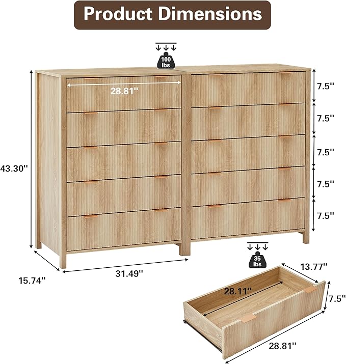 5 Drawer Double Dresser for Bedroom, Modern Wide Chest of Drawers with Fluted Panel Design,Wood Storage Dressers Chest of Drawers for Bedroom Living Room Hallway Closet,Natural,2 Sets