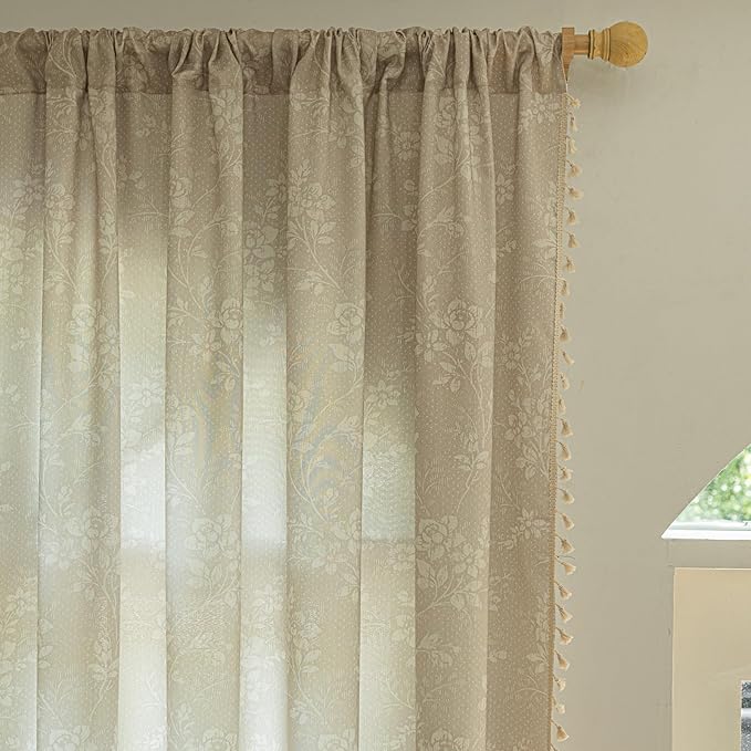 ENJOYBRIDAL Floral 96 Inch Curtains 2 Panel Set Light Camel Rustic Drapes Rod Pocket Bedroom Living Room Semi Sheer Window Curtain Panels Long Farmhouse Boho Chic Cute Window Treatments